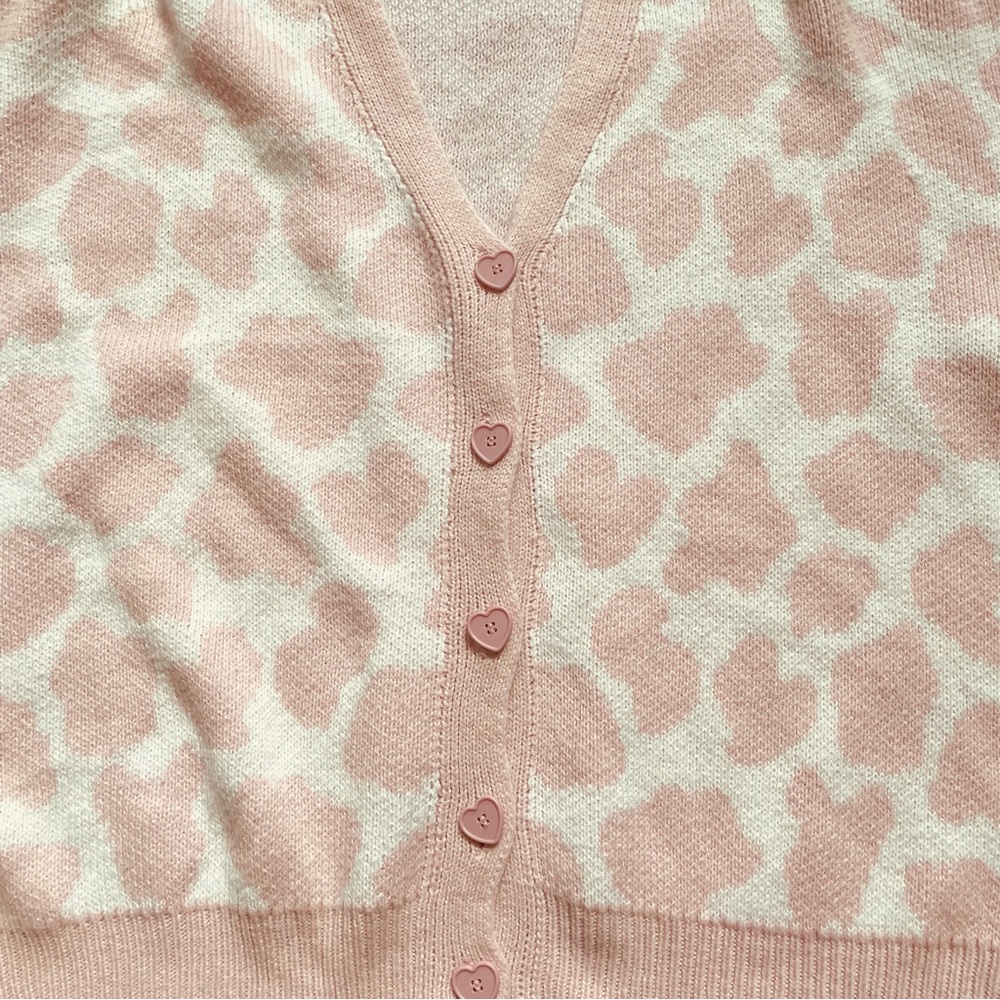 HOT TOPIC Pink Cow-Print V-Neck Button Cardigan Sweater Size Medium - Picture 3 of 7